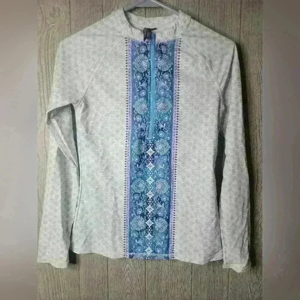 Aqua et Sol Womens 1/2 Zip Rashguard Top Sz Small Blue White Long Sleeve